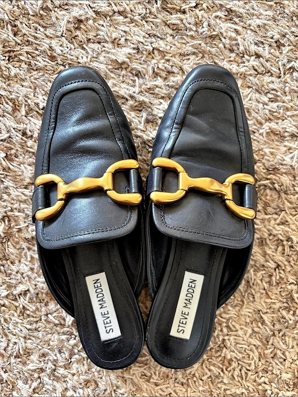 Steve Madden Black Gold-Tone Buckle Mules